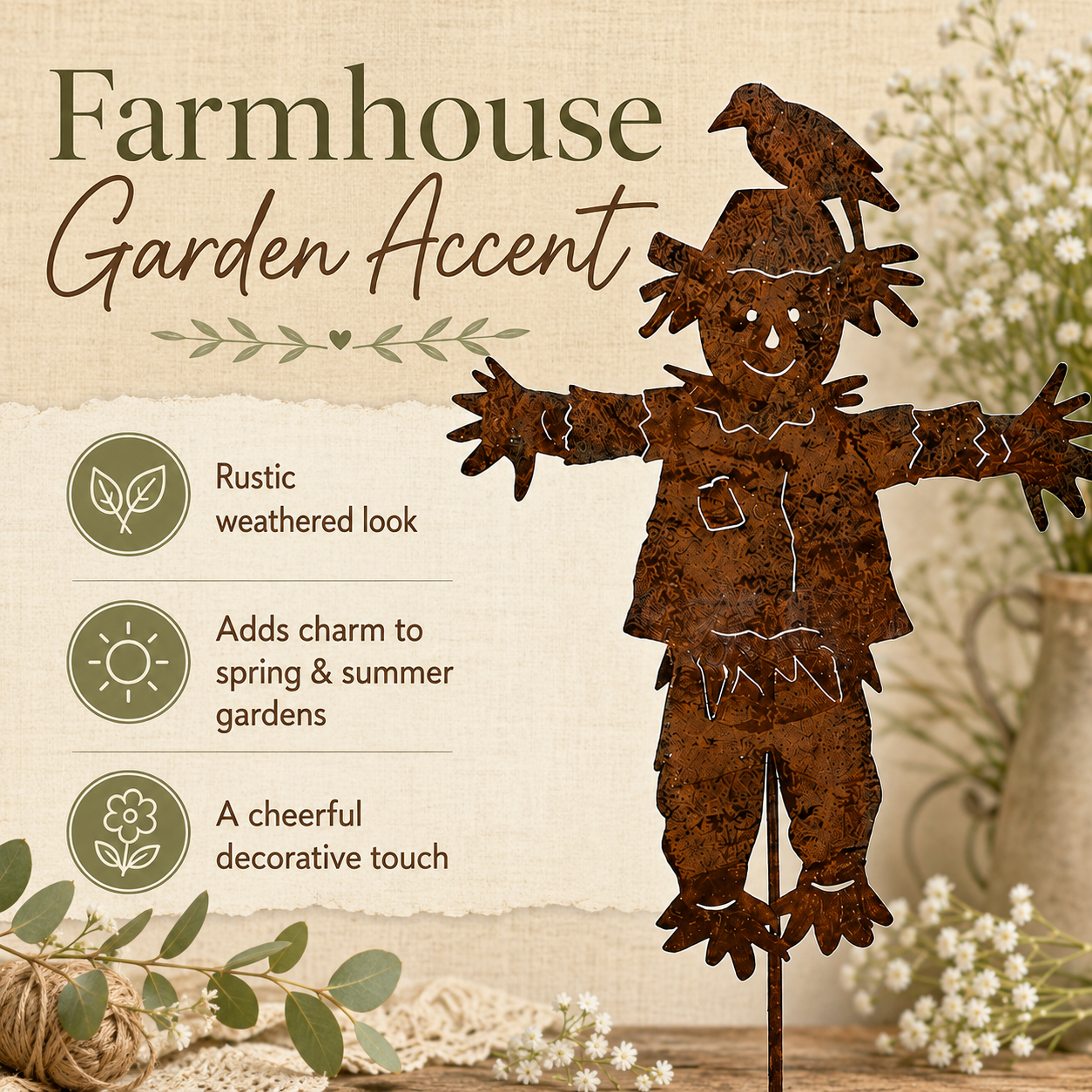 23'' Rustic Metal Scarecrow Garden Stake with Crow