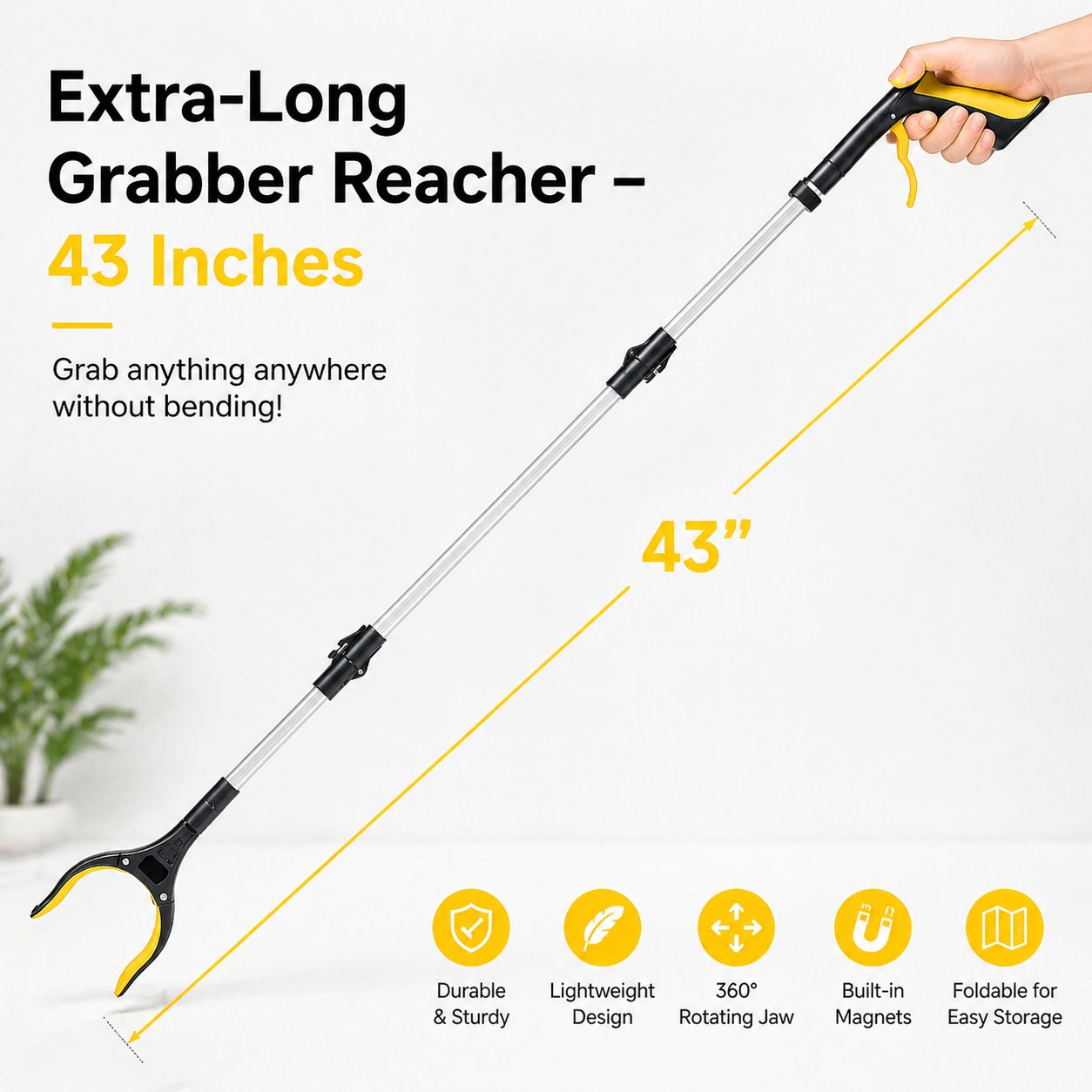 💥LAST DAY SALE 49% OFF💥-43" Extra Long Grabber Reacher Tool – Heavy Duty with 360° Rotating Jaw & Magnets