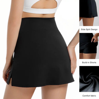 ☁️Women's Solid Color Leopard Stretch High Waist Straight Slit Mini Sports Skirt Short Skirt Breathable Anti-See-through Stretch Pencil Mini Skirt whith shorts Casual Skin Friendly🏃‍♀️