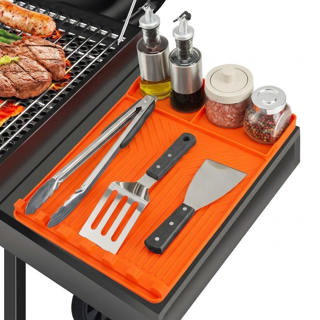 Silicone Grill Side Shelf Mat,Non-Slip Heat-Resistant BBQ Tool Holder for Spatulas, Tongs & Sauces, Oil-Proof Griddle Accessories