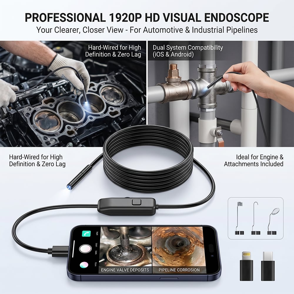 🔍 Endoscope Camera with Light – 1920P HD Inspection Tool