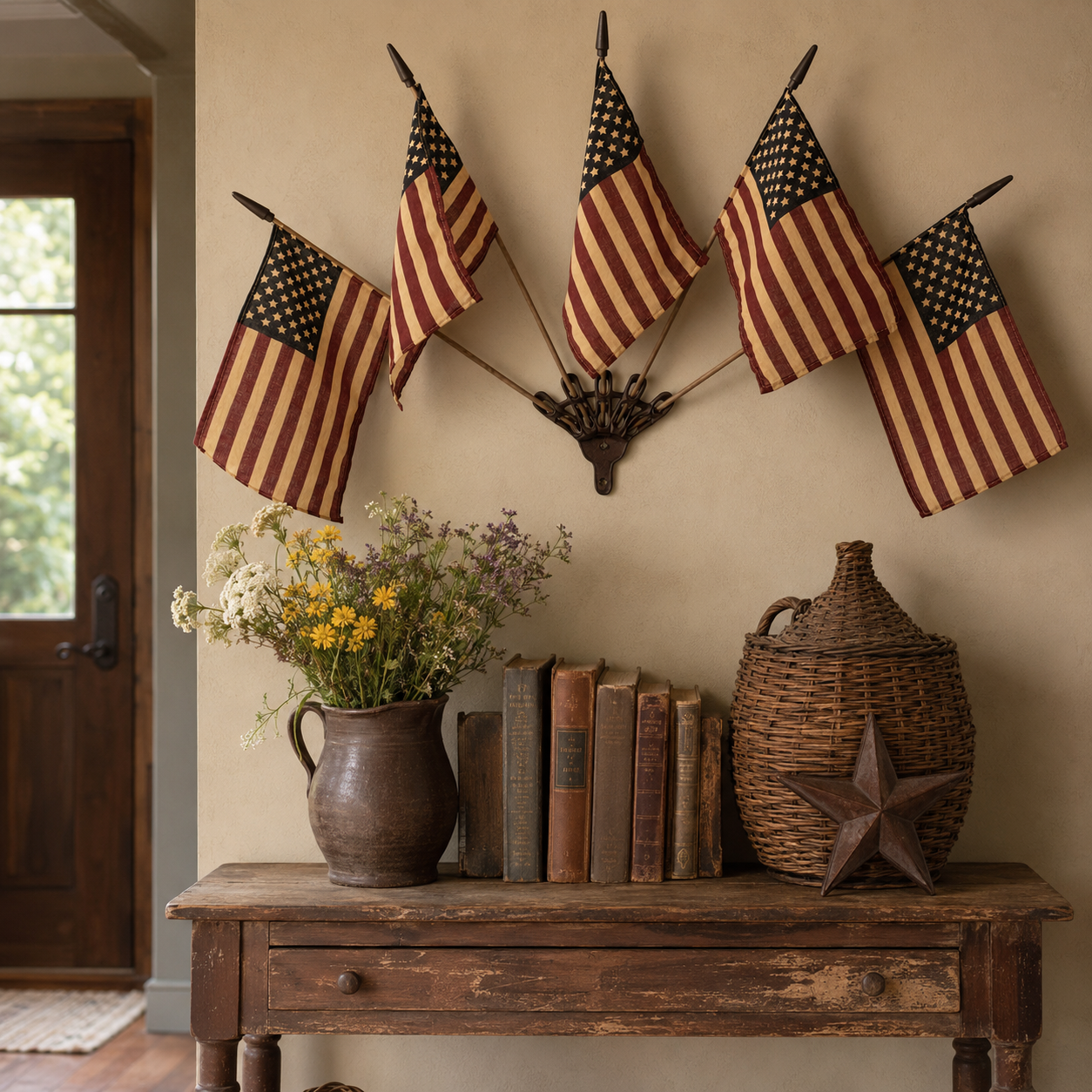 ✨US Rustic Cast Iron 5 Tea-Stained American Flag Wall Display✨