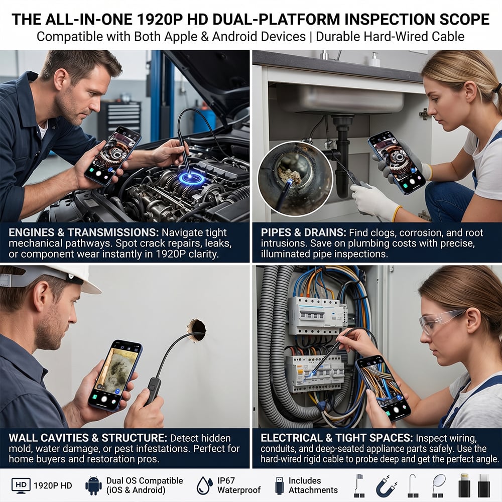 🔍 Endoscope Camera with Light – 1920P HD Inspection Tool