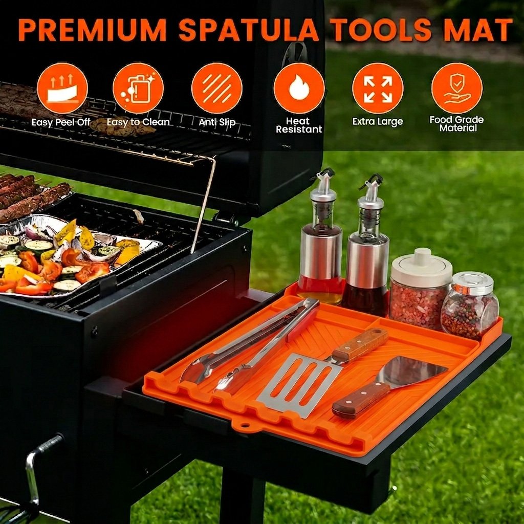 Silicone Grill Side Shelf Mat,Non-Slip Heat-Resistant BBQ Tool Holder for Spatulas, Tongs & Sauces, Oil-Proof Griddle Accessories