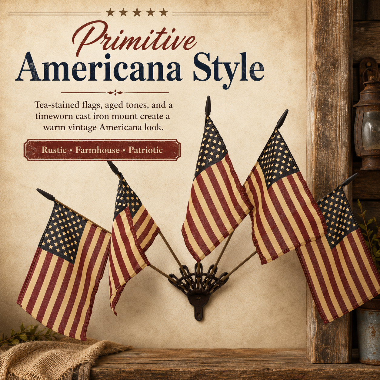 ✨US Rustic Cast Iron 5 Tea-Stained American Flag Wall Display✨