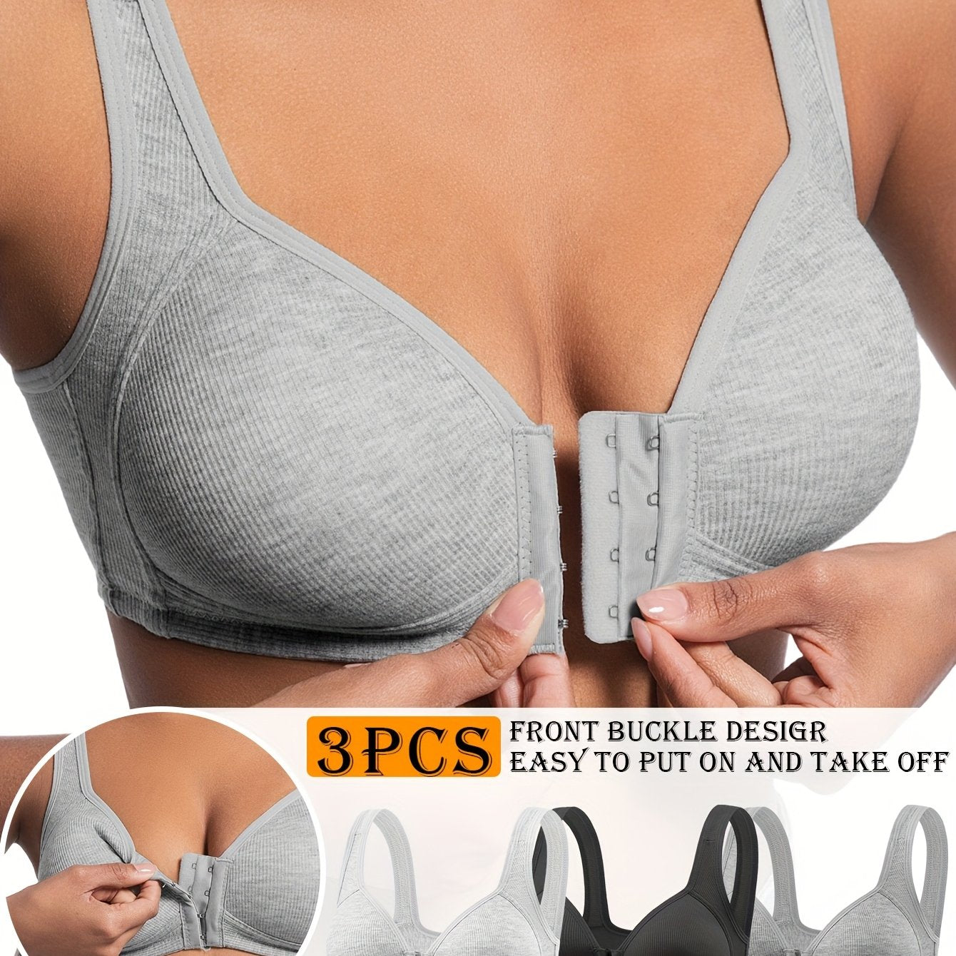3-Pack Women's Front Closure Wireless Bras: Cross-Back, Seamless