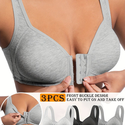 3-Pack Women's Front Closure Wireless Bras: Cross-Back, Seamless