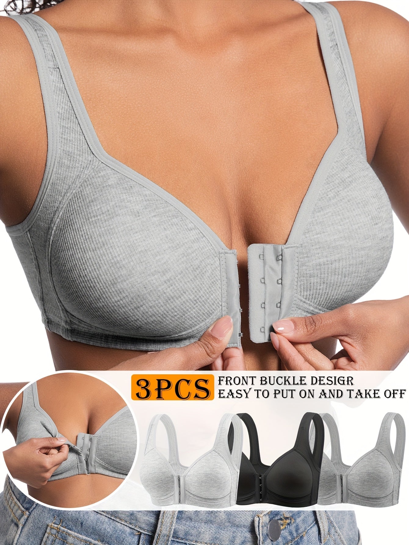3-Pack Women's Front Closure Wireless Bras: Cross-Back, Seamless