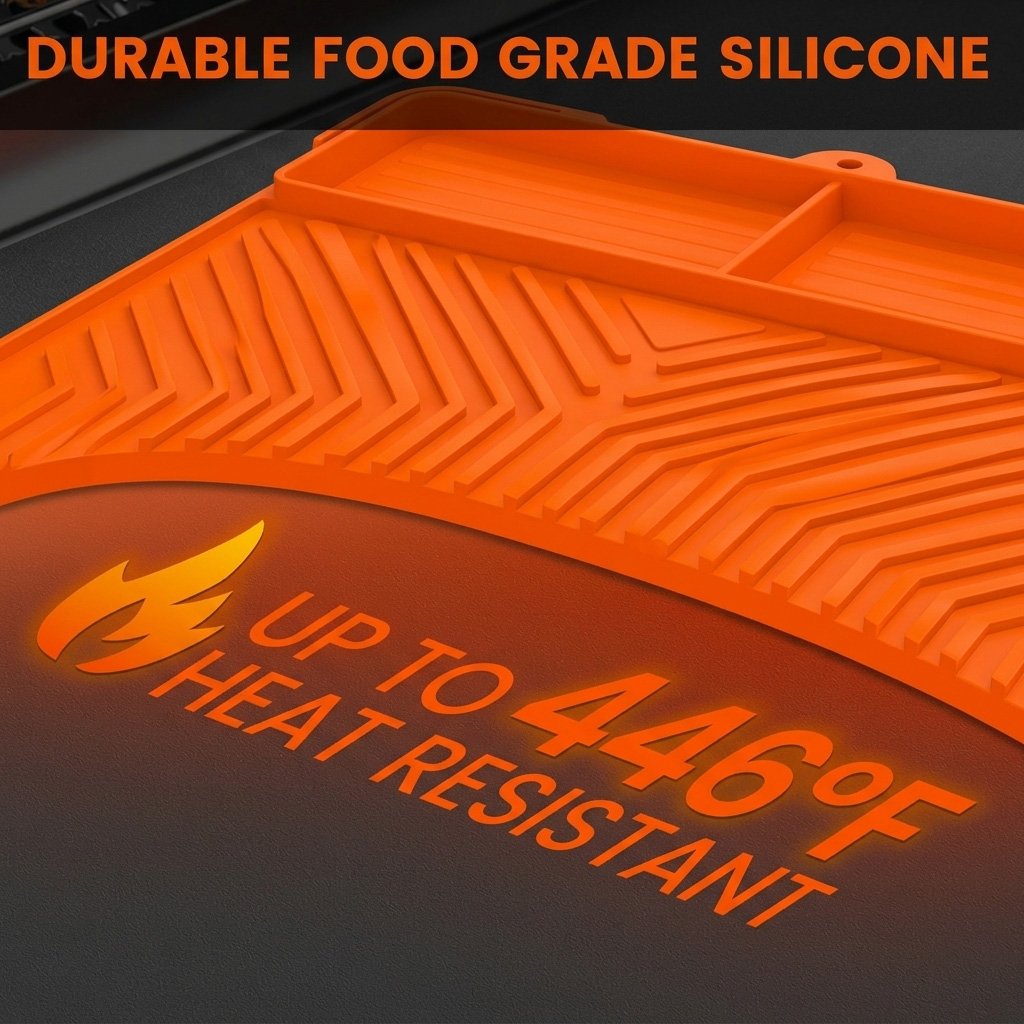 Silicone Grill Side Shelf Mat,Non-Slip Heat-Resistant BBQ Tool Holder for Spatulas, Tongs & Sauces, Oil-Proof Griddle Accessories