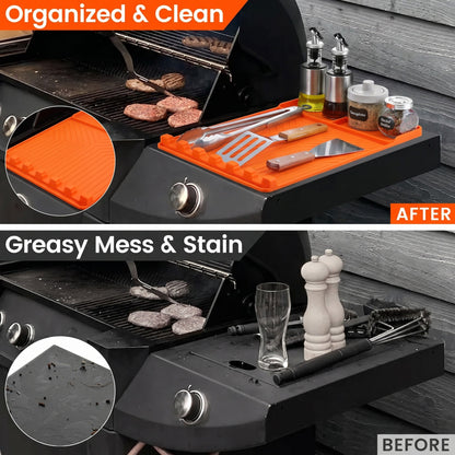 Silicone Grill Side Shelf Mat,Non-Slip Heat-Resistant BBQ Tool Holder for Spatulas, Tongs & Sauces, Oil-Proof Griddle Accessories